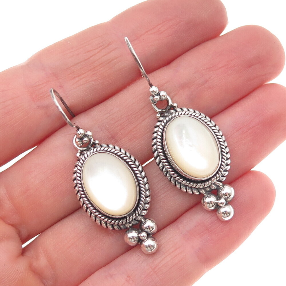 Suarti Bali 925 Sterling Silver Vintage Real MOP Oxidized Dangle Earrings